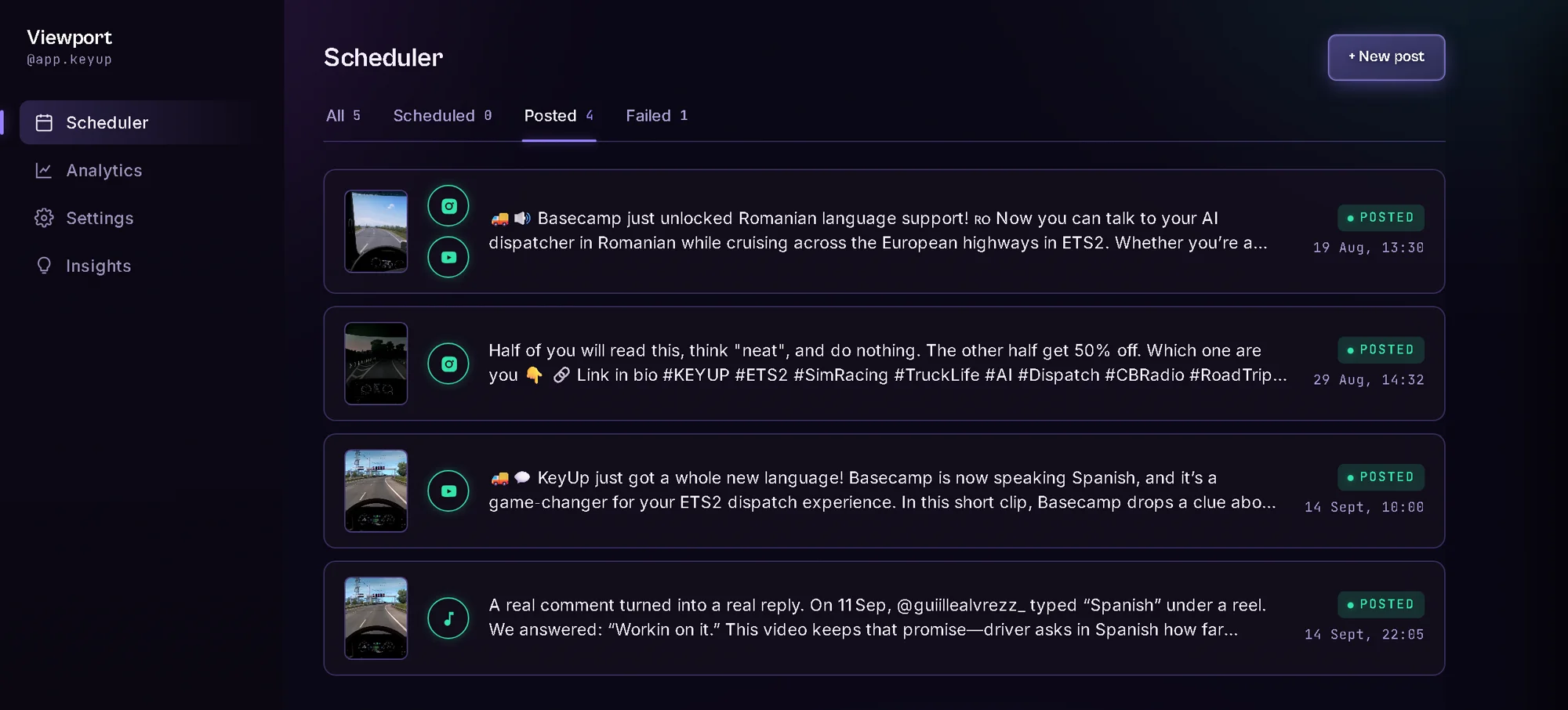 Viewport's Scheduler: a list of posted videos, each a single card with the platforms it went to marked by icon, its caption, and the time it went out.
